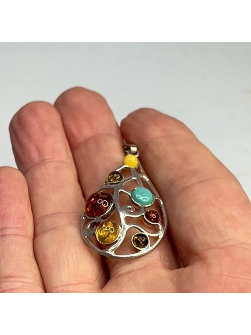 Teardrop Sterling Silver Pendant W/ Multi-Color Amber Stones & Turquoise Accent - Picture 12 of 12